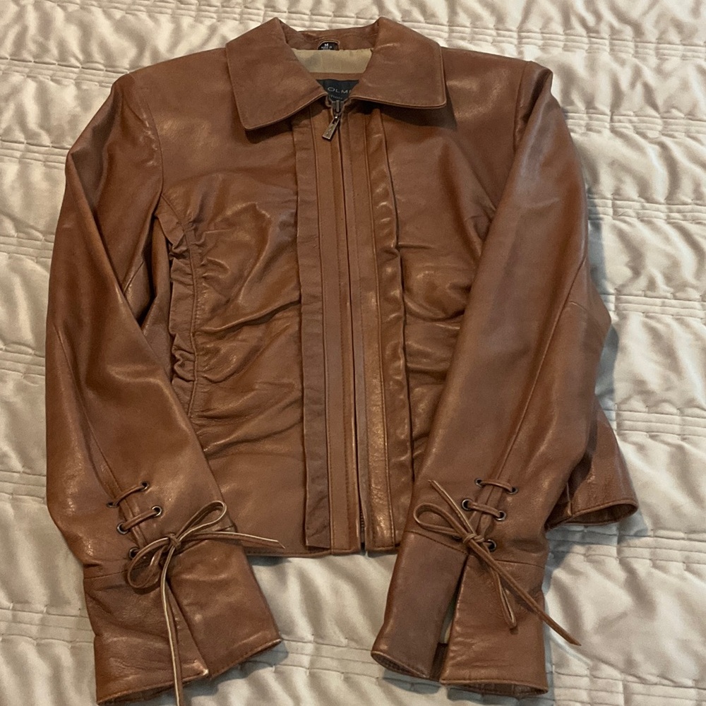 Tan Leather Jacket with Lace-Up Sleeves